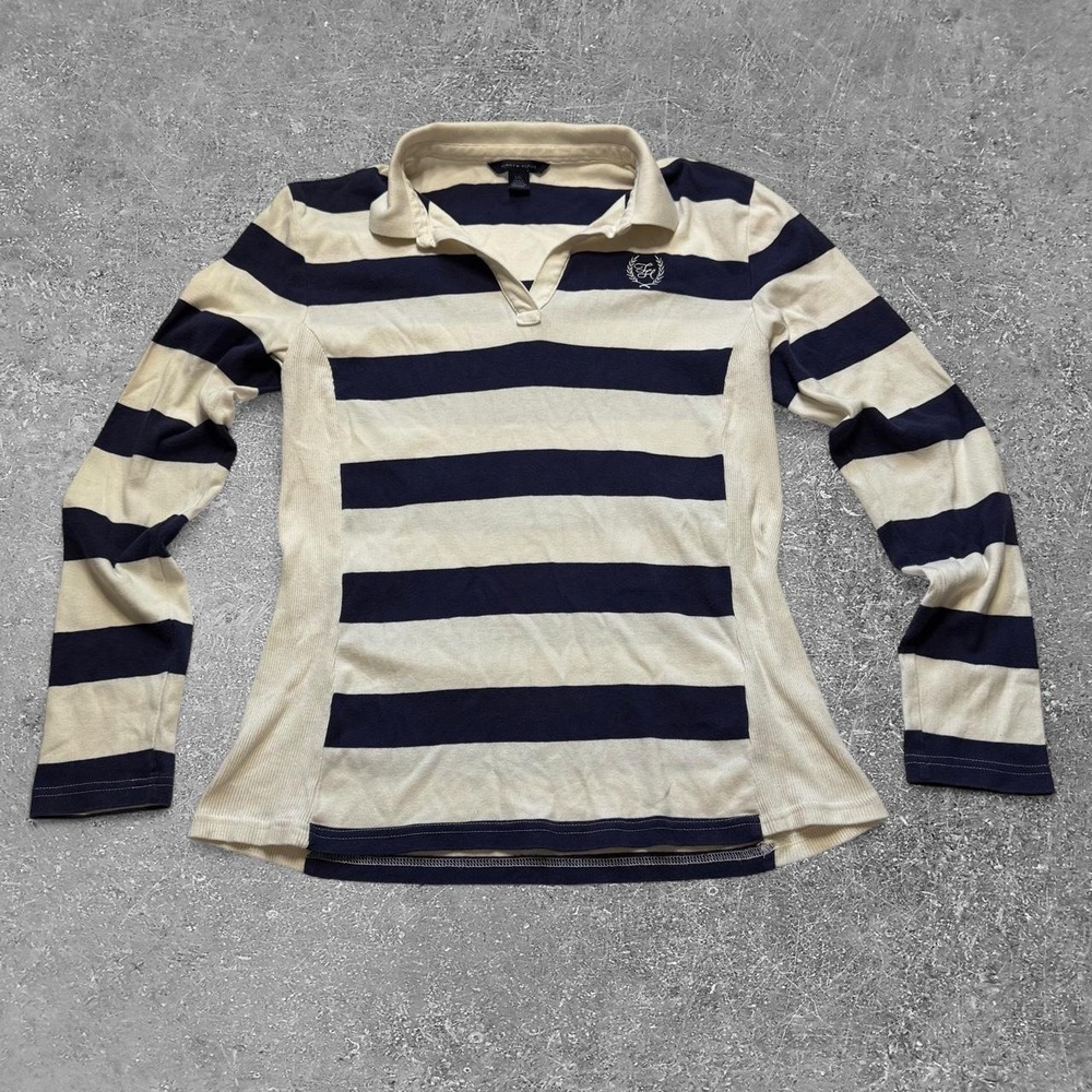 Tommy Hilfiger Womens Navy Cream Striped Long Sleeve Polo Shirt Large Preppy